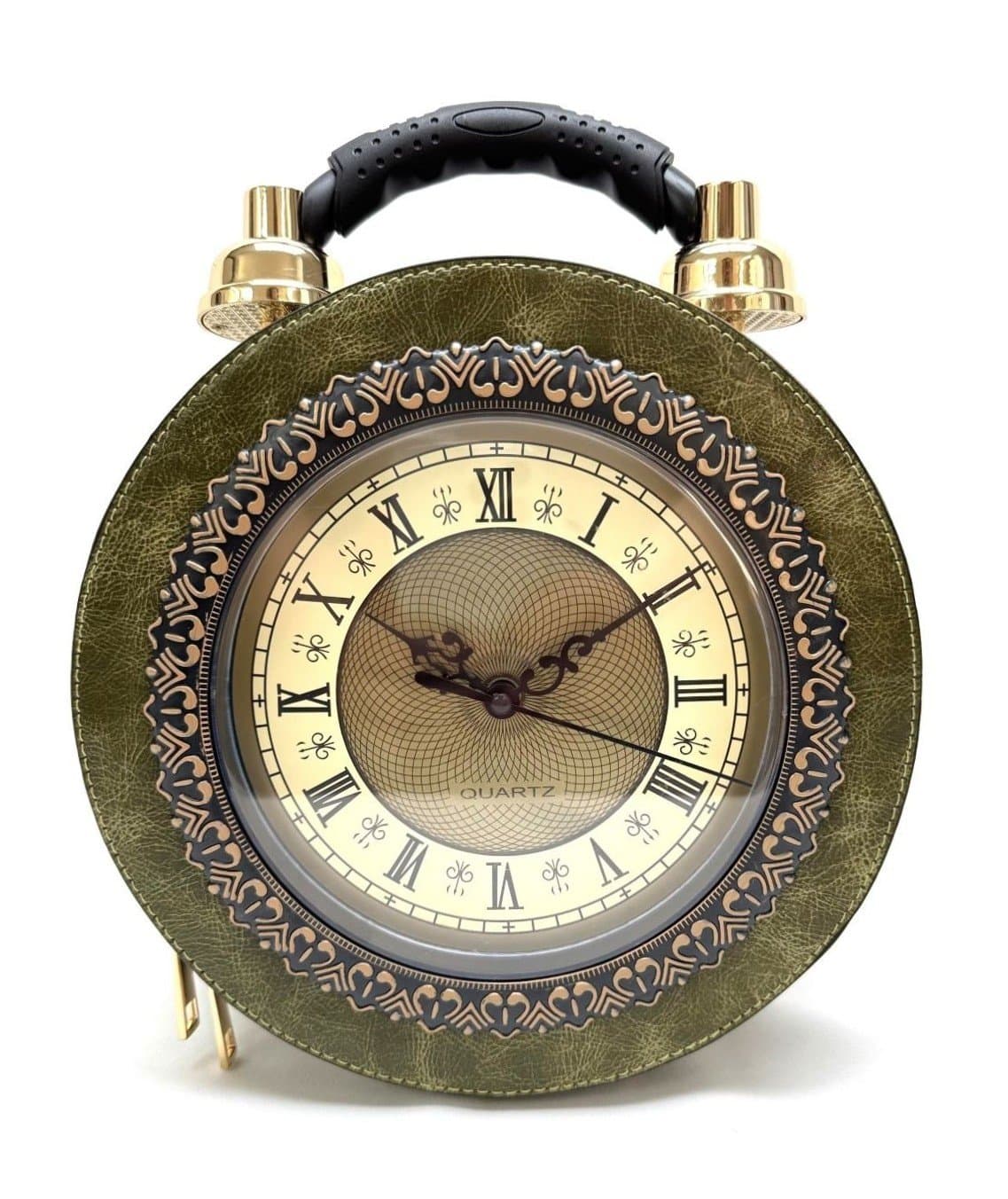 Borsa Tracy Clock con orologio funzionante con tracolla, Cosplay Steampunk, ecopelle, colore verde oliva, ARIANNA DINI DESIGN