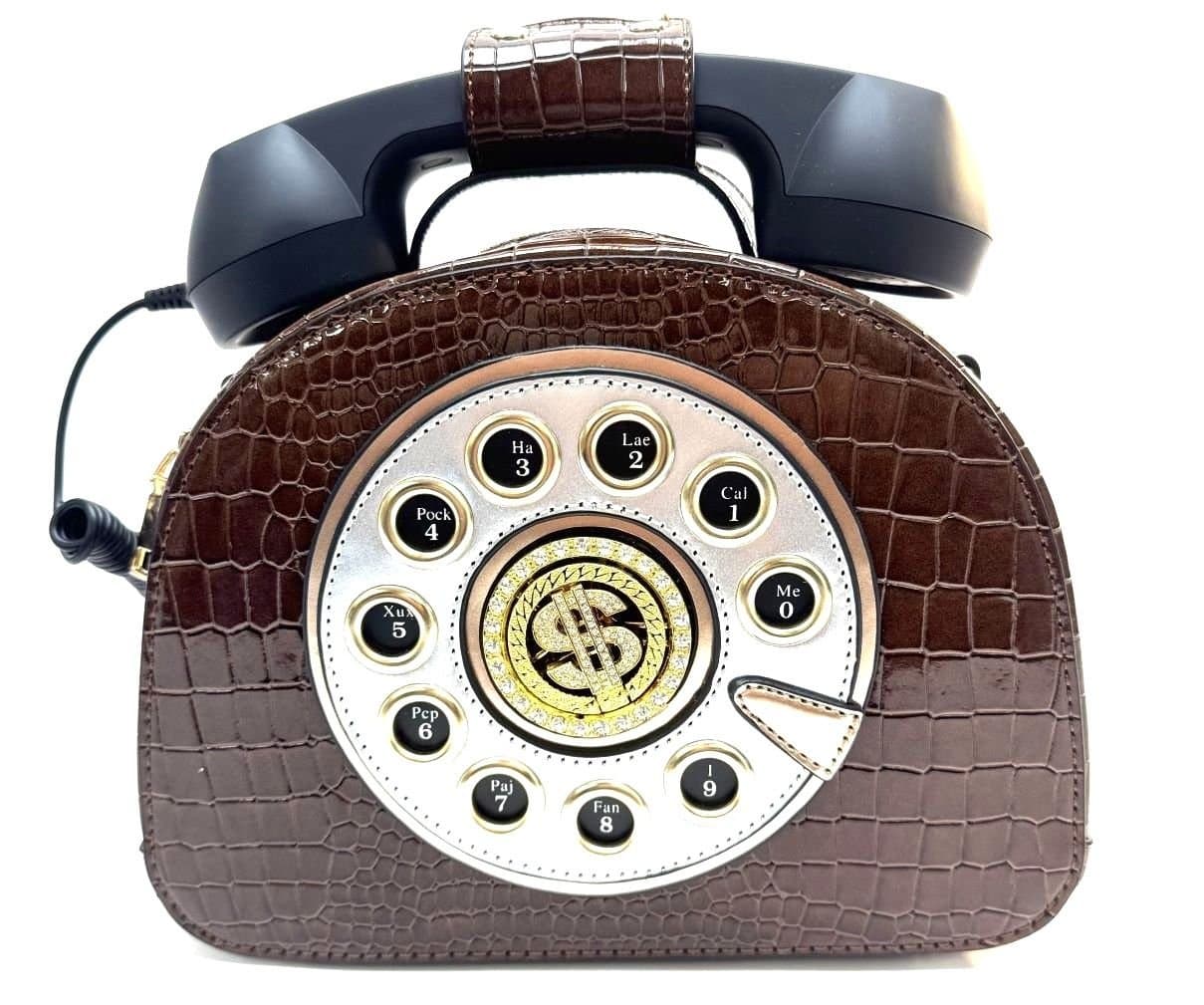 Borsa Telephone Sophie con tracolla, Cosplay Steampunk, ecopelle, colore marrone, ARIANNA DINI DESIGN