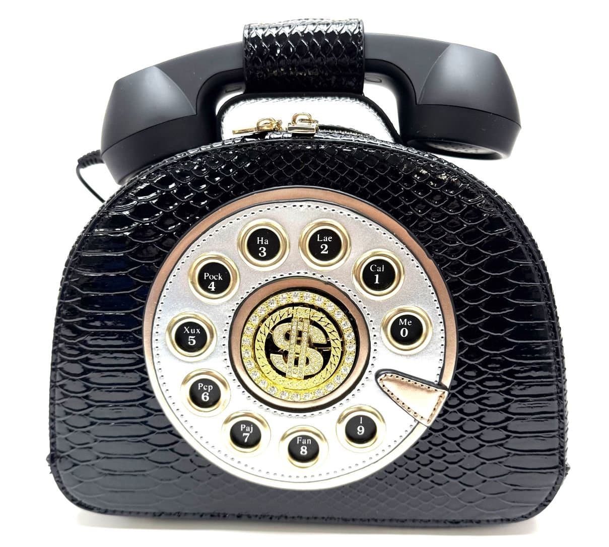 Borsa Telephone Sophie con tracolla, Cosplay Steampunk, ecopelle, colore nero, ARIANNA DINI DESIGN