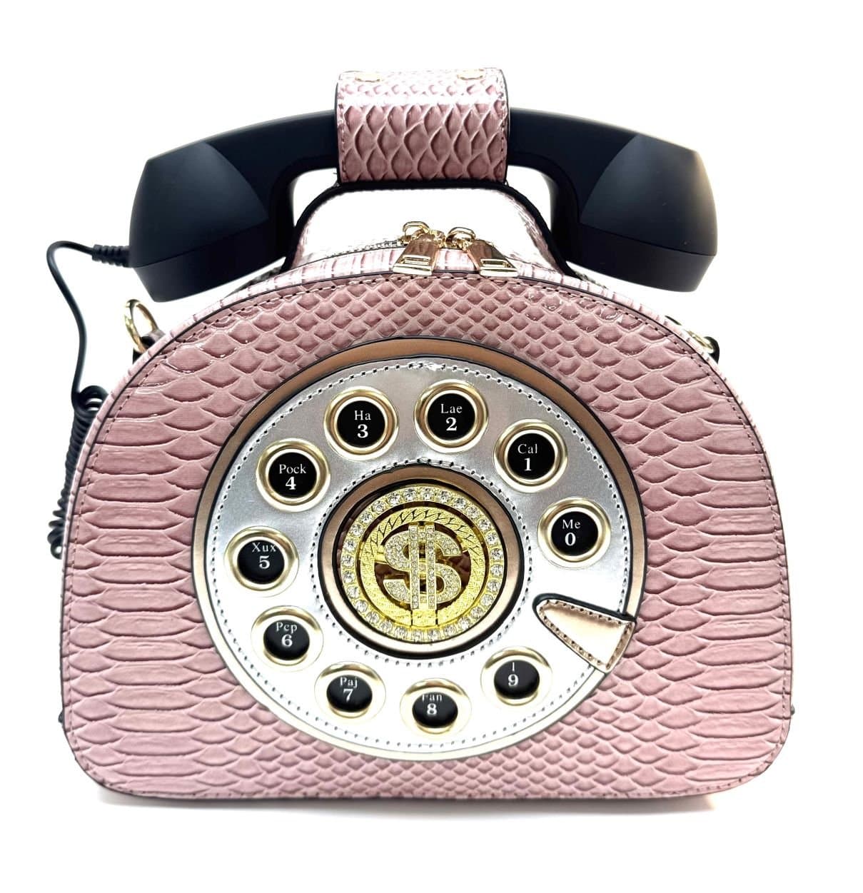 Borsa Telephone Sophie con tracolla, Cosplay Steampunk, ecopelle, colore rosa, ARIANNA DINI DESIGN