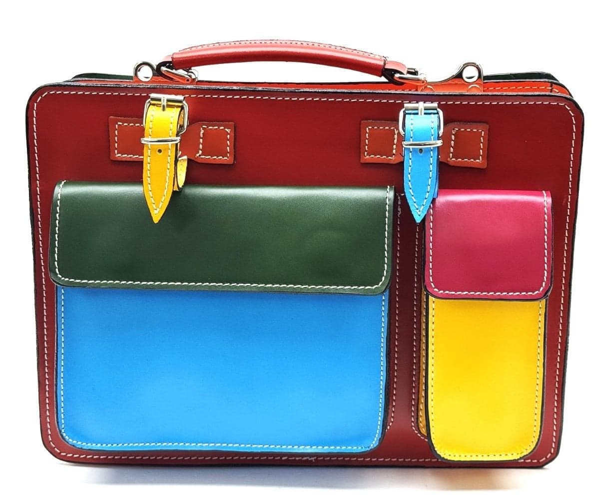 Borsa unisex in vera pelle ELVI MEDIUM colore MULTICOLORE base rosso, Made in Italy. Misura ideale per tablet di media dimensione/ agende di lavoro