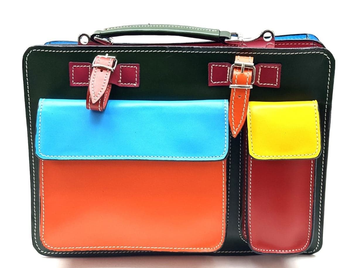Borsa unisex in vera pelle ELVI MEDIUM colore MULTICOLORE base verde, Made in Italy. Misura ideale per tablet di media dimensione/ agende di lavoro