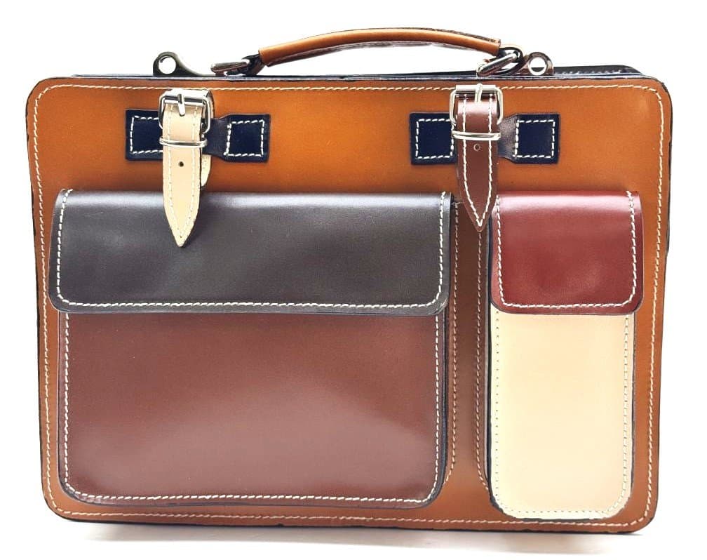 Borsa unisex in vera pelle ELVI MEDIUM, colore, MULTICOLORE, colore base MIELE, con tracolla, CHIAROSCURO, Made in Italy. Misura ideale per tablet di media dimensione/ agende di lavoro.