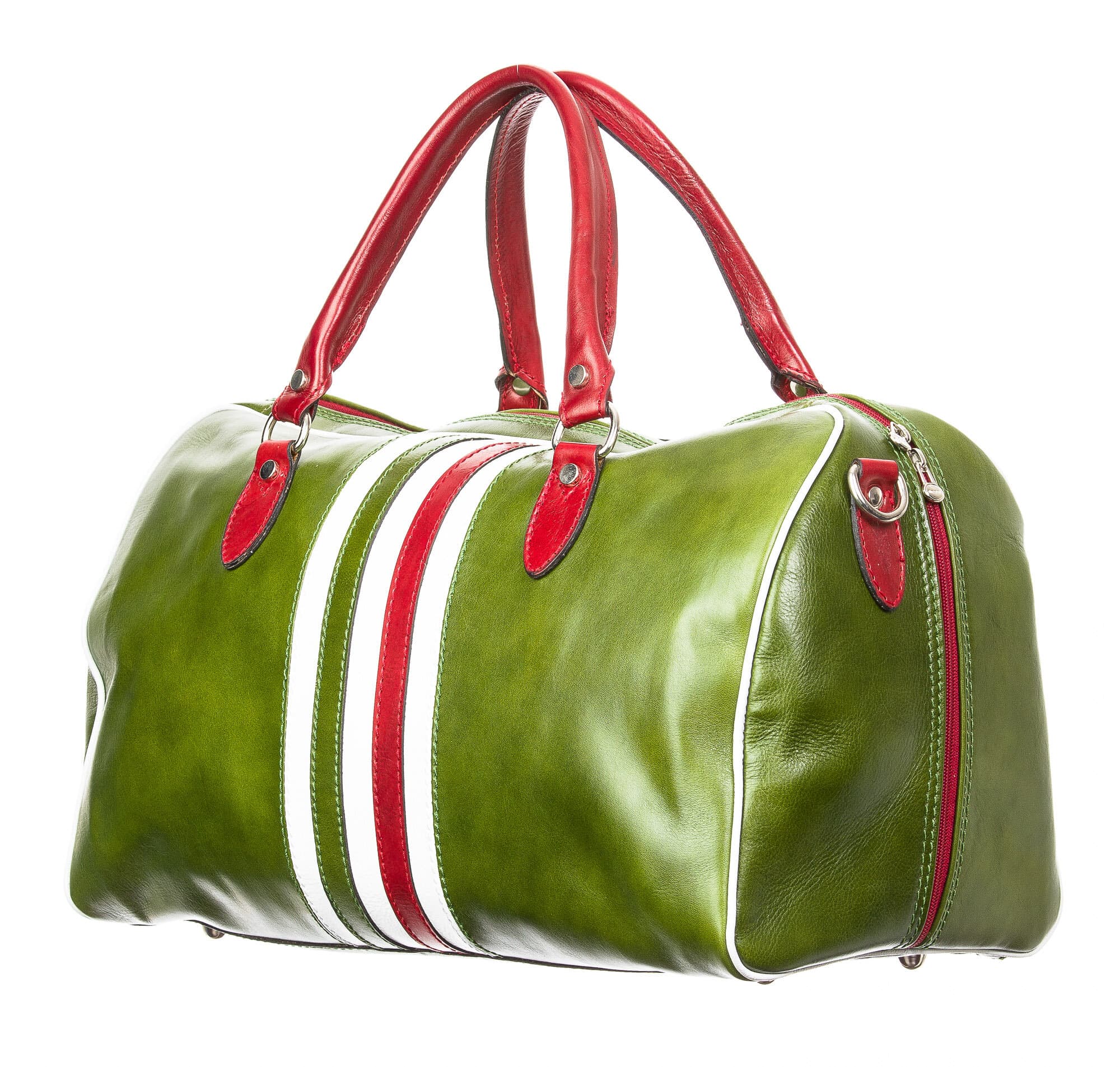 Borsa da viaggio uomo / donna in vera pelle, bandiera Italiana, CHIAROSCURO mod. TIMAVO, colore VERDE, Made in Italy.