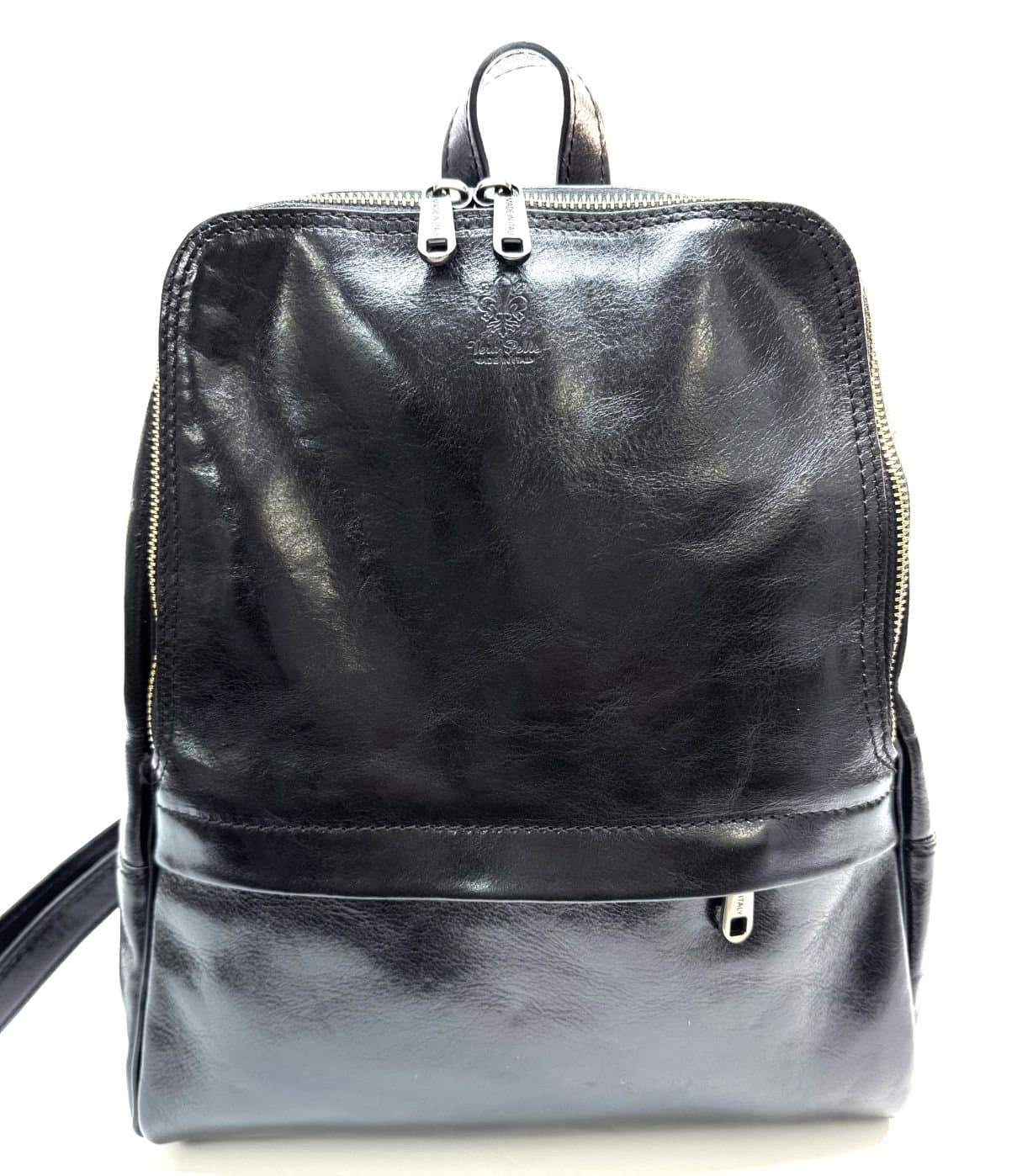 Borsa zaino in vera pelle CHIAROSCURO mod. MONTE BERNINA, colore NERO, Made in Italy.