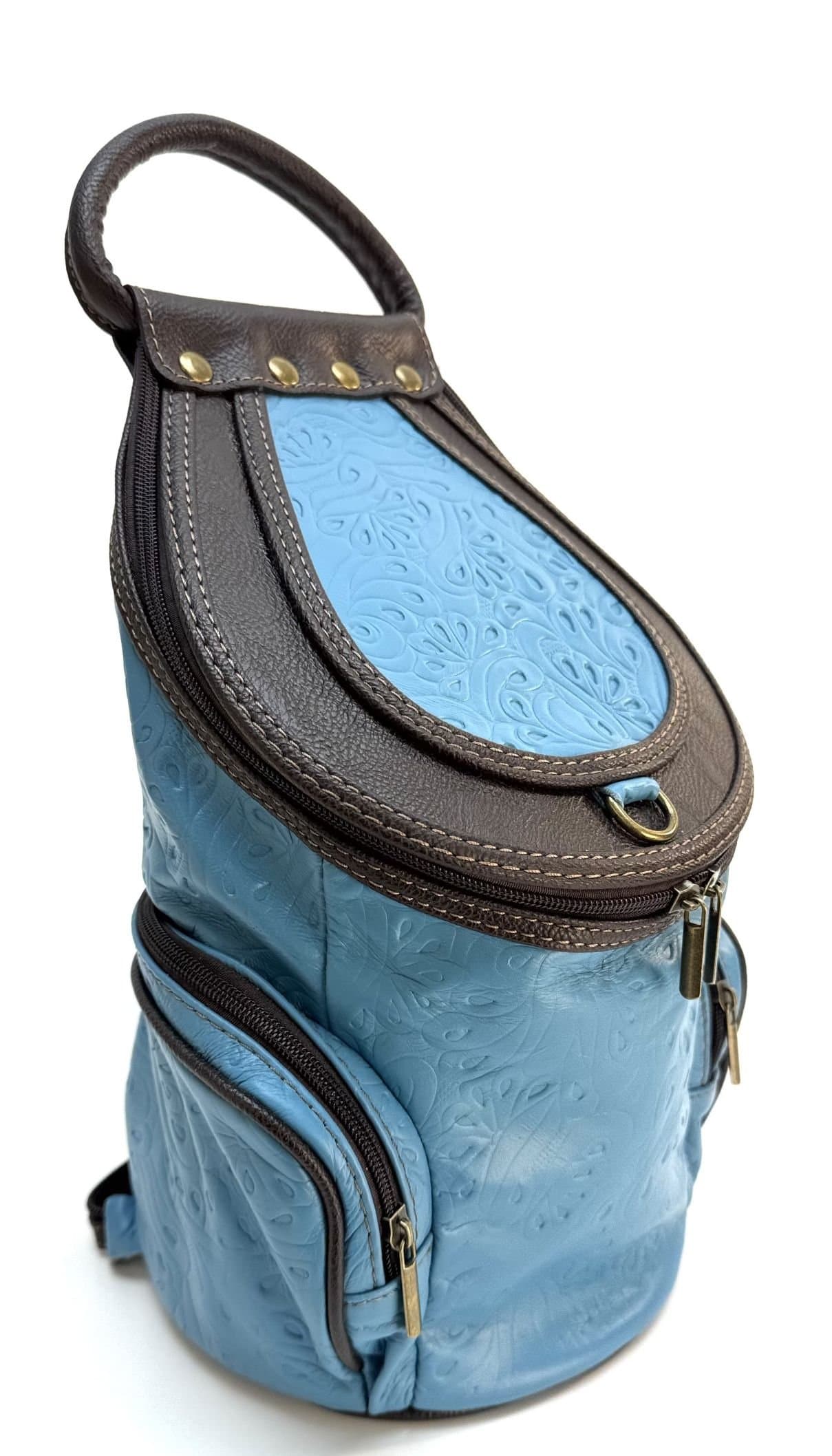 Borsa zaino donna in vera pelle MONTE HALLA MAXI colore AZZURRO/MARRONE, CHIAROSCURO, Made in Italy