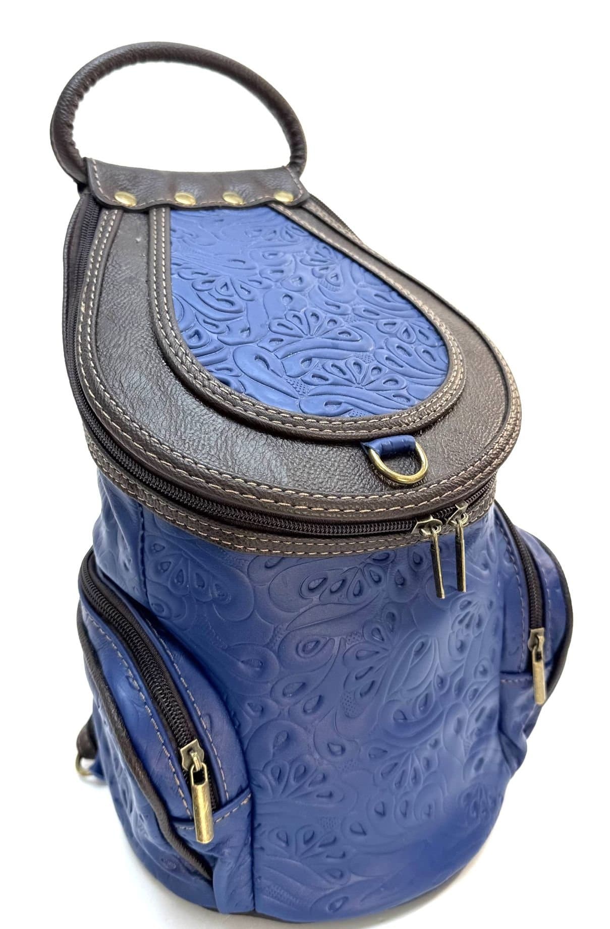 Borsa zaino donna in vera pelle MONTE HALLA MAXI colore BLU/MARRONE, CHIAROSCURO, Made in Italy