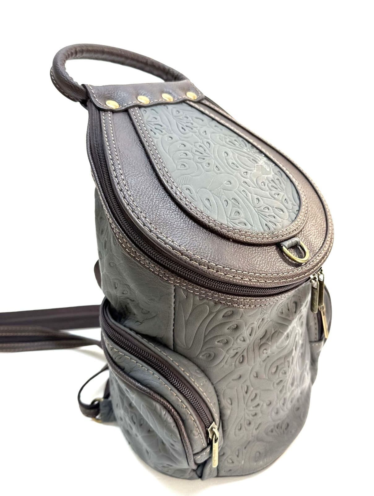 Borsa zaino donna in vera pelle MONTE HALLA MAXI colore GRIGIO/MARRONE, CHIAROSCURO, Made in Italy