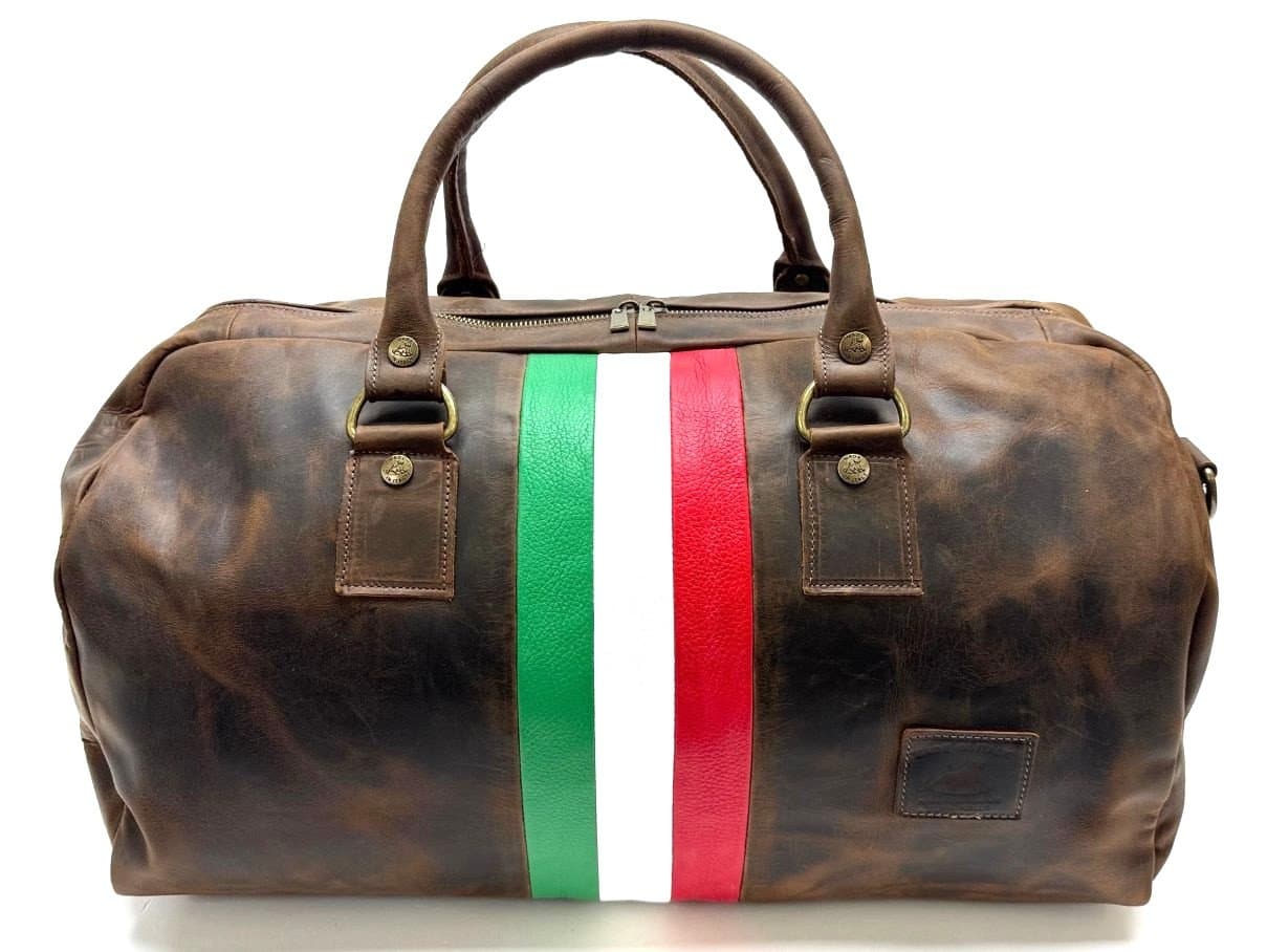 Borsa da viaggio in vero cuoio COMO MAXI, colore NABUK MARRONE, TRICOLORE BANDIERA ITALIANA, CHIAROSCURO, Made in Italy