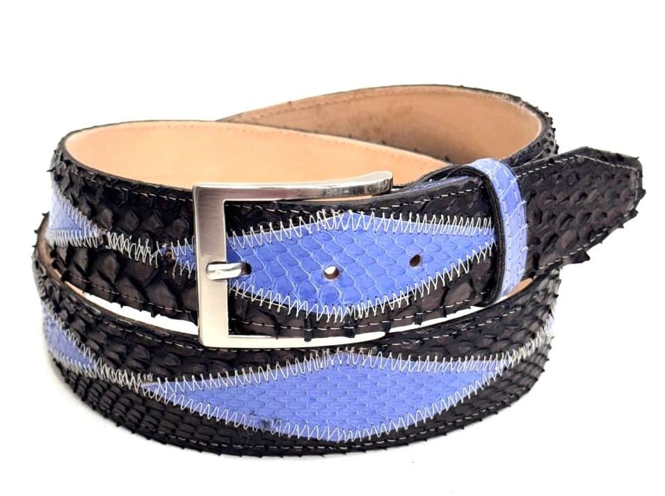 BRUXELLES: cintura uomo in pitone, bicolore e rombi, CITES, colore: NERO / BLU, Made in Italy