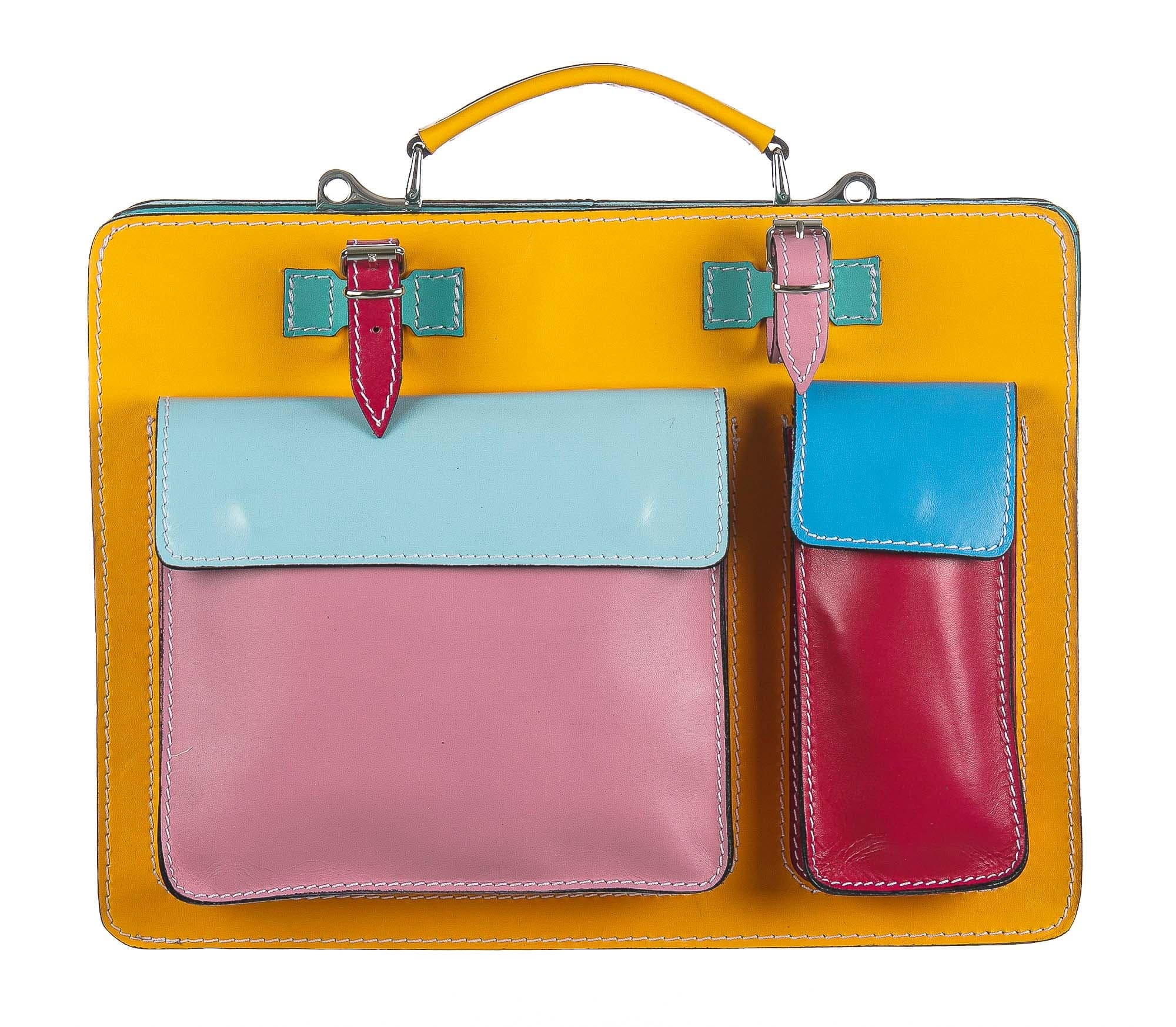 ELVI Maxi base Giallo: Cartella ufficio/lavoro in vera pelle CHIAROSCURO, MULTICOLORE, Made in Italy adatta a computer Pc portatile 13/14 pollici, brochure grandi, cartelle e fogli formato A4