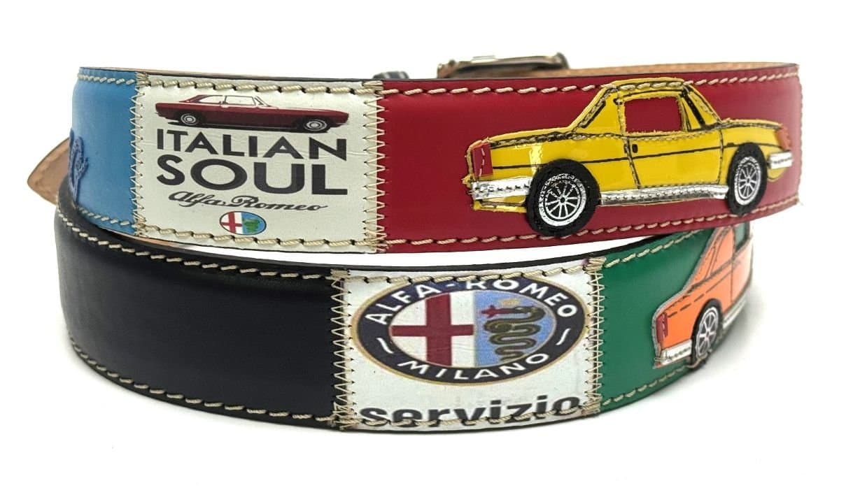 CASSINO: cintura uomo in cuoio, colore : MULTICOLOR, tema fantasia auto, Made in Italy