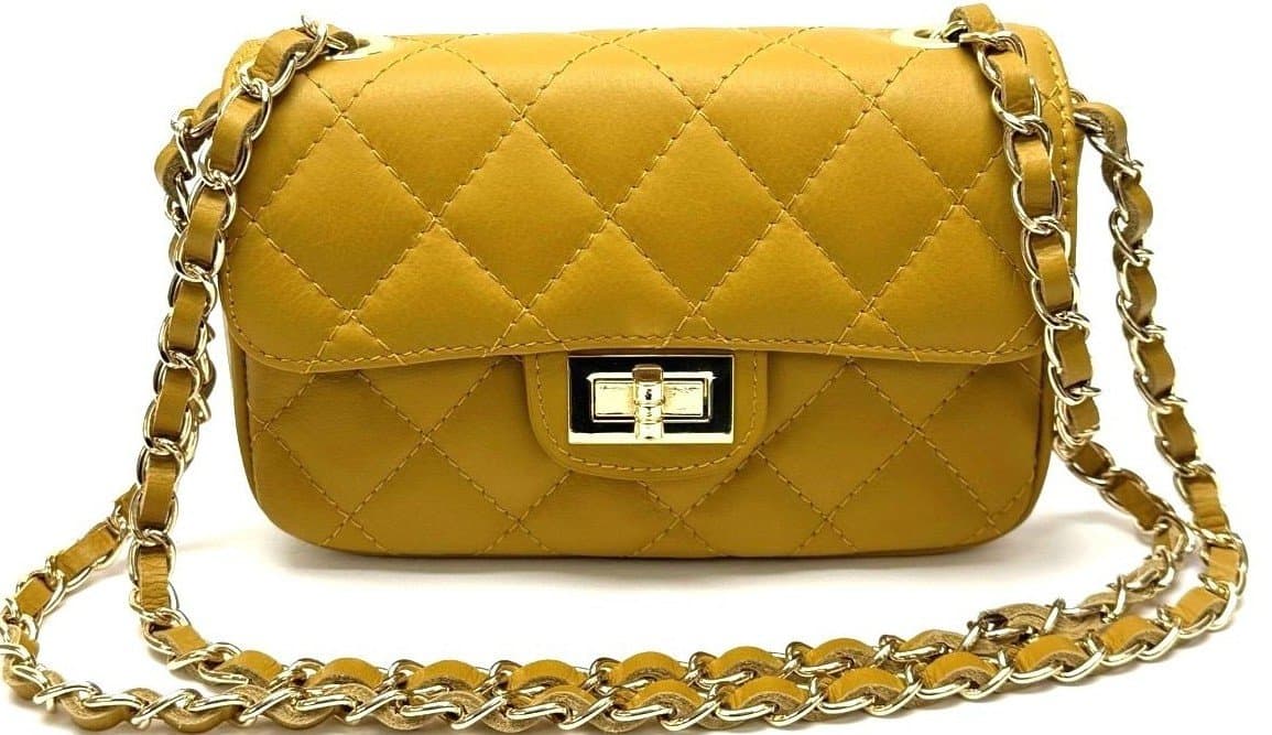 Borsa a spalla da donna in vera pelle CHARLOTTE MINI, colore GIALLO, CHIAROSCURO, Made in Italy
