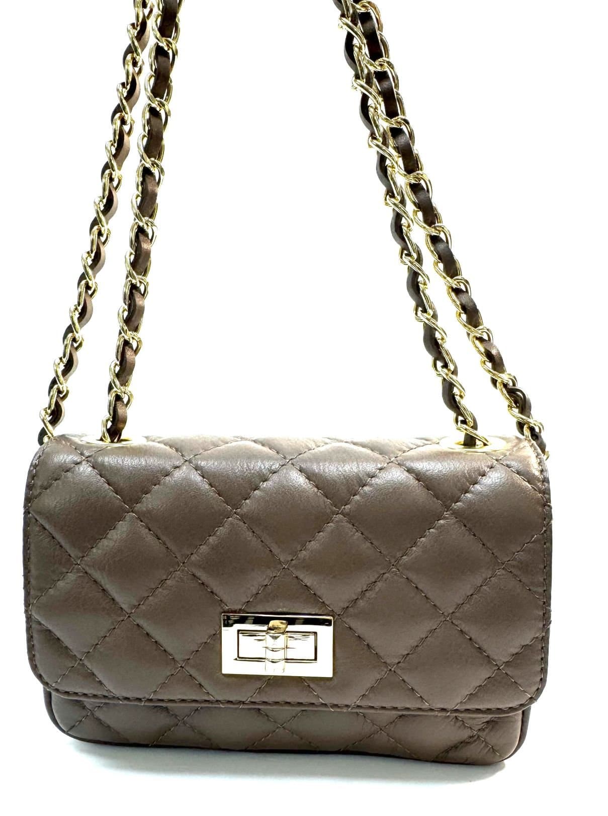 Borsa a spalla da donna in vera pelle CHARLOTTE MINI, colore MARRONE, CHIAROSCURO, Made in Italy