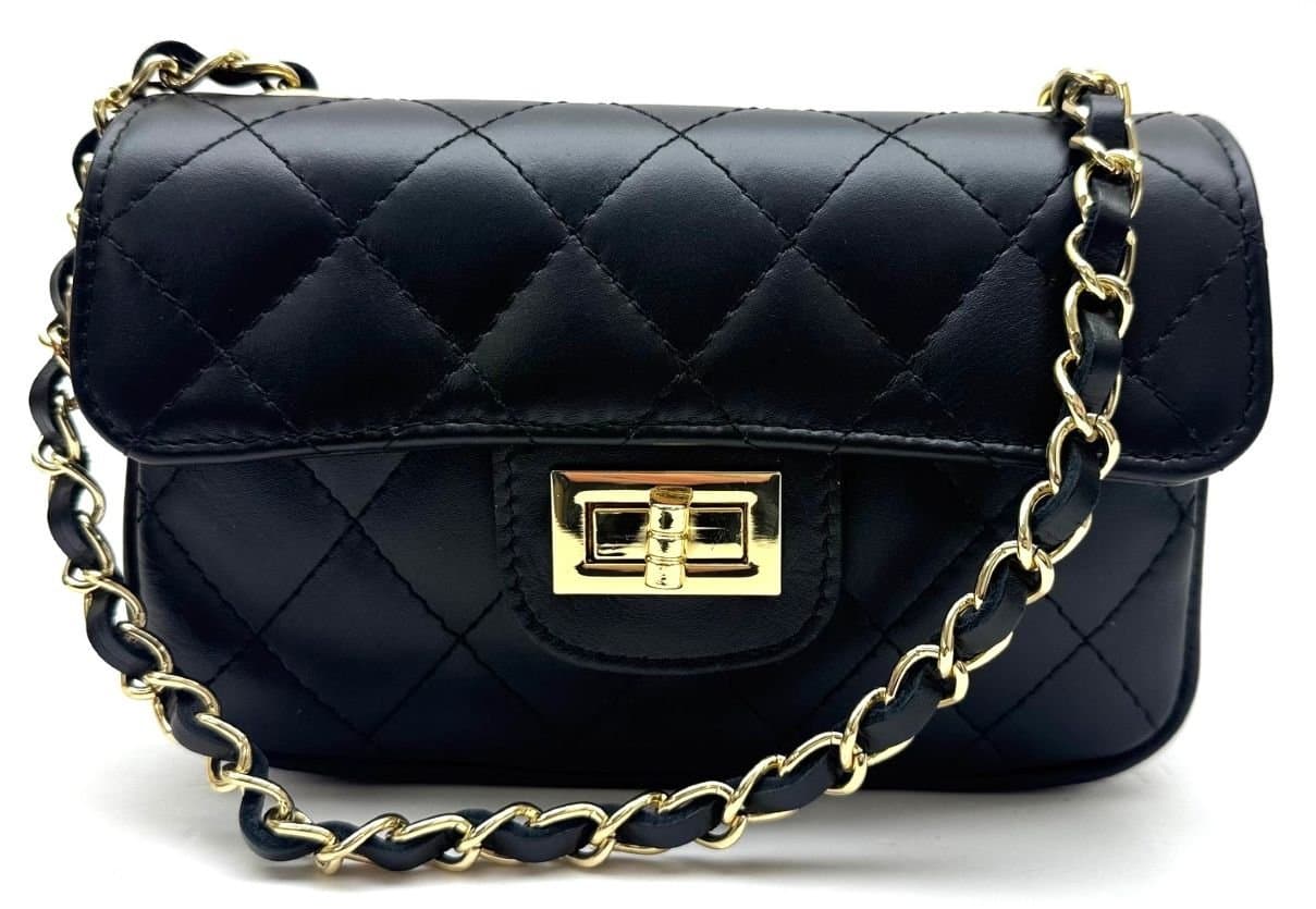 Borsa a spalla da donna in vera pelle CHARLOTTE MINI, colore NERO, CHIAROSCURO, Made in Italy