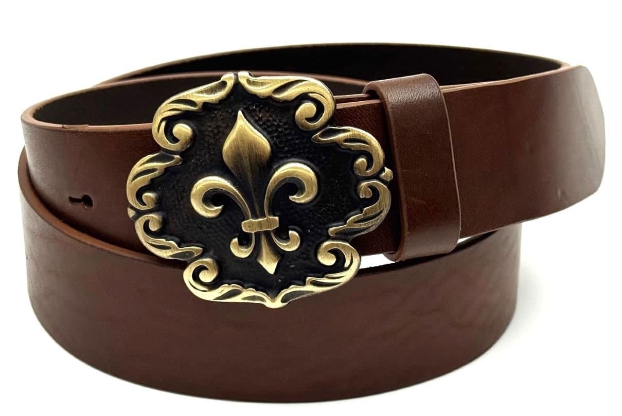Cintura in vera pelle CHIAROSCURO mod. GENOVA - GIGLIO, colore MARRONE, fibbia speciale oro, Made in Italy