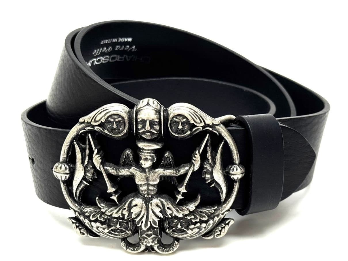 Cintura in vera pelle da uomo AUSTIN, colore NERO, fibbia in metallo con il Tritone, CHIAROSCURO, Made in Italy