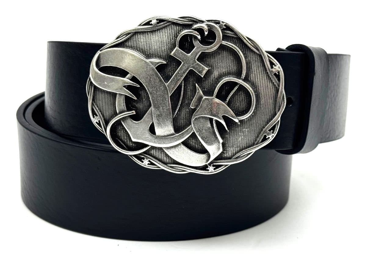 Genuine leather belt for man AUSTIN - ANCHOR, BLACK colour, special buckle, CHIAROSCURO, MADE IN ITALY