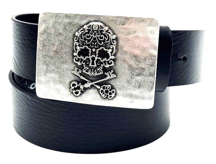 Genuine leather belt for man AUSTIN - SKULL, BLACK colour, metal buckle, CHIAROSCURO, MADE IN ITALY