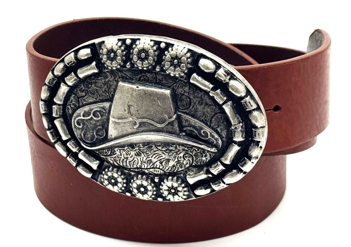 Genuine leather belt for man OREGON - COWBOY, BROWN colour, special buckle, CHIAROSCURO, MADE IN ITALY