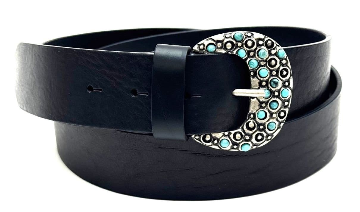 Cintura in vera pelle CHIAROSCURO mod. GENOVA colore NERO, fibbia speciale argento con pietre azzurre, Made in Italy