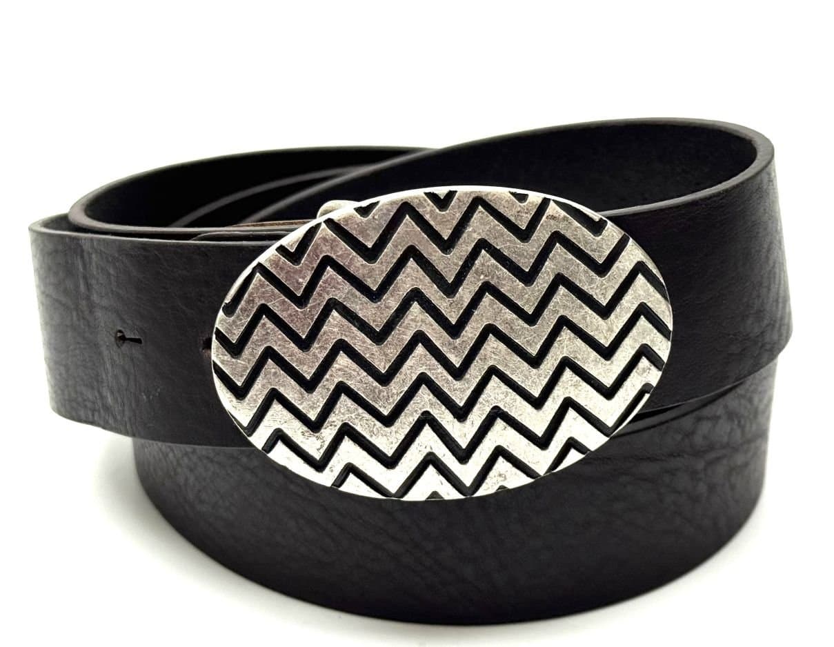 Cintura in vera pelle CHIAROSCURO mod. GENOVA - OVALE, colore NERO, fibbia speciale argento, Made in Italy