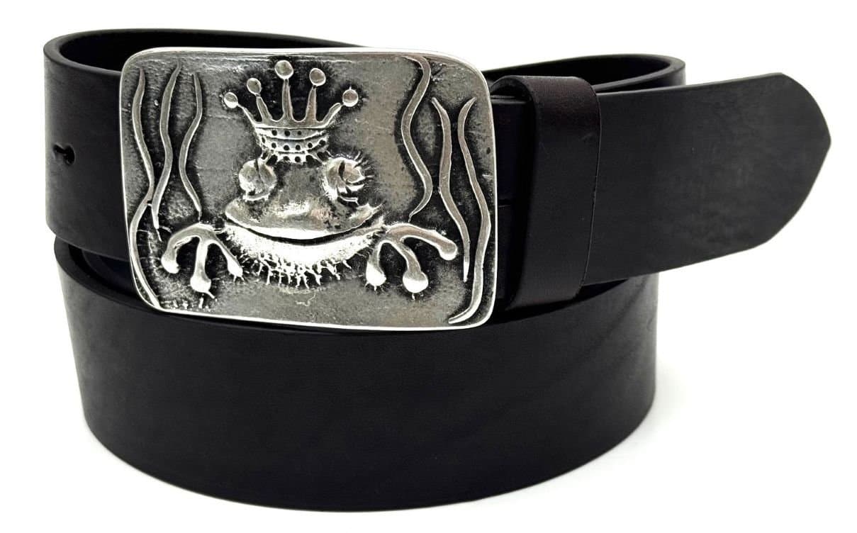 Cintura in vera pelle CHIAROSCURO mod. GENOVA - RANA, colore NERO, fibbia speciale argento, Made in Italy