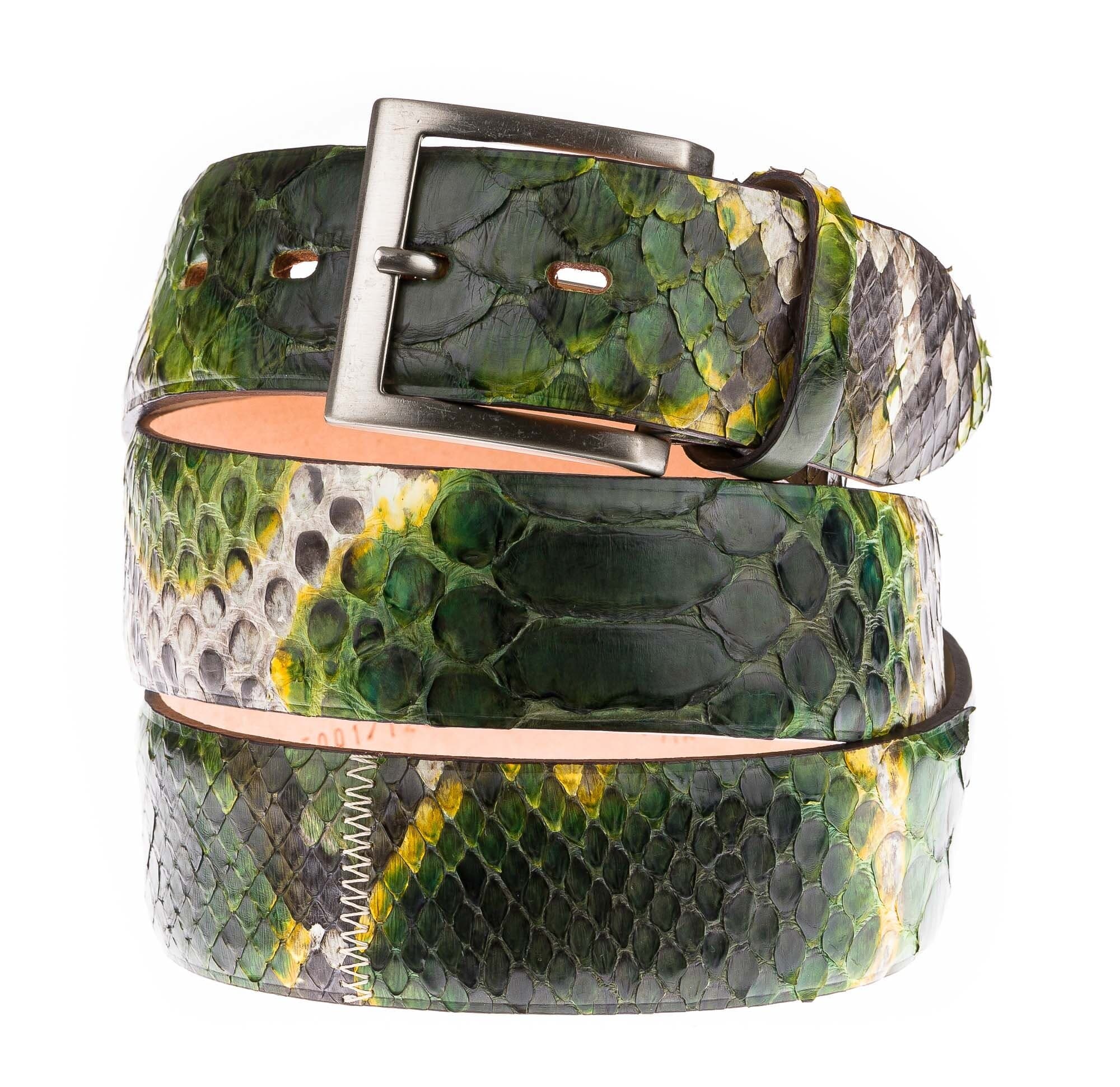 Cintura uomo BEIRUT C38, vera pelle pitone, colore VERDE, ELIO ZAGATO, Made in Italy.