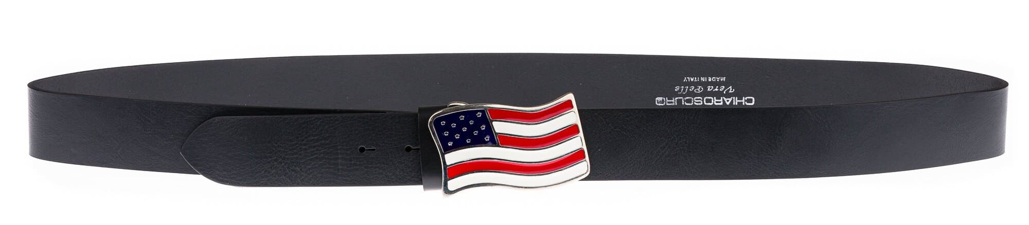 Cintura uomo in vera pelle CHIAROSCURO mod. GENOVA colore NERO, fibbia speciale con bandiera USA, Made in Italy