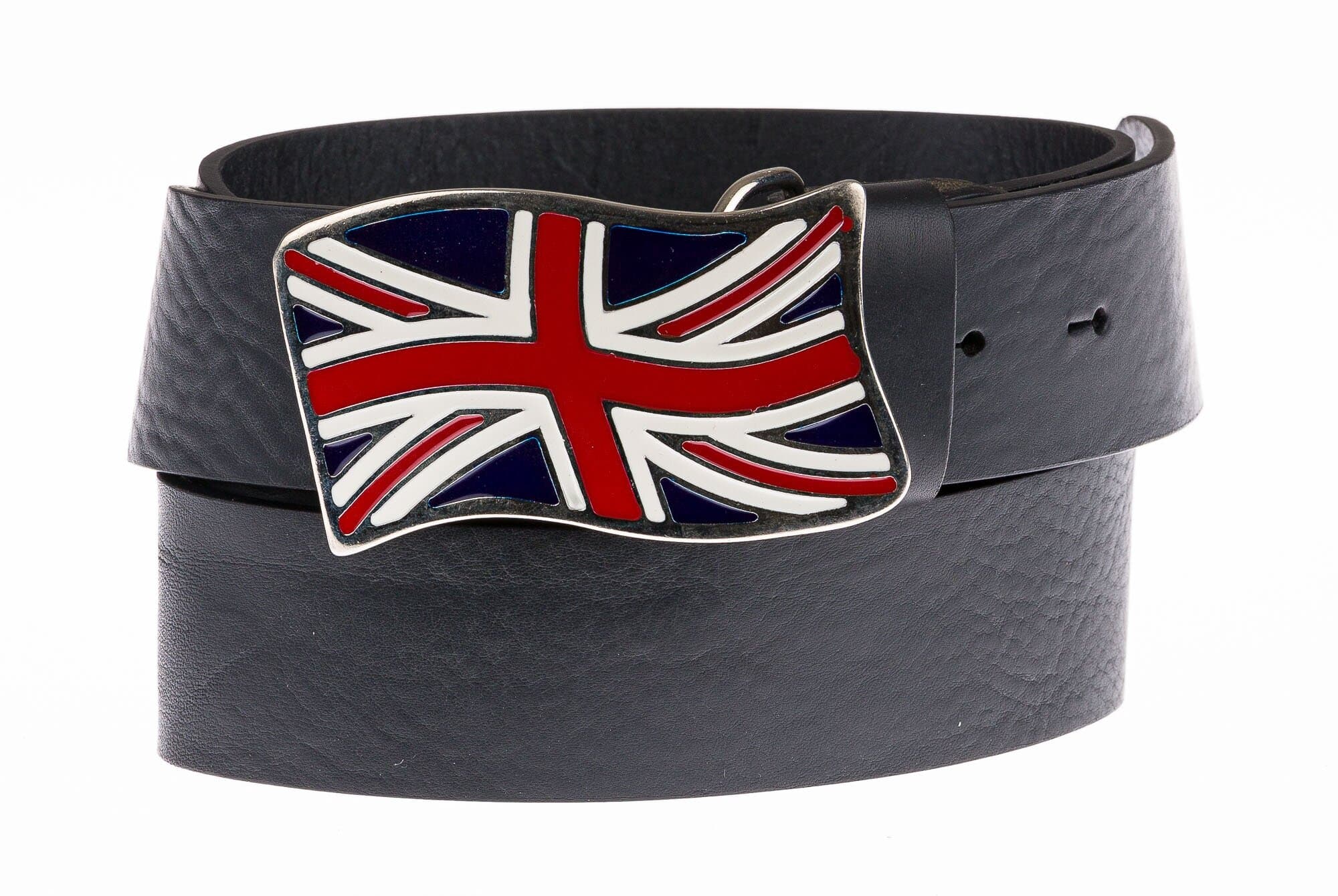 Cintura uomo in vera pelle CHIAROSCURO mod. GENOVA colore BLU, fibbia speciale con bandiera britannica, Made in Italy. (