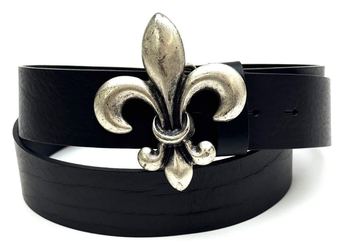 Cintura uomo in vera pelle CHIAROSCURO mod. GENOVA colore NERO, fibbia speciale a forma di giglio, Made in Italy