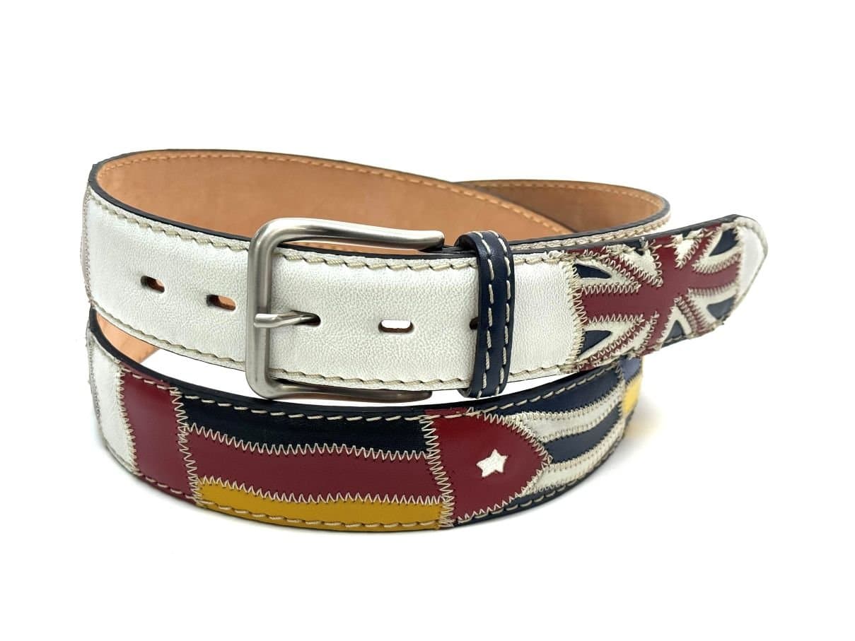 Cintura uomo in vera pelle BASILEA, colore BIANCO, con bandiere nazioni cucite a mano in pelle, con applicazioni in pelle, SANTINI, Made in Italy