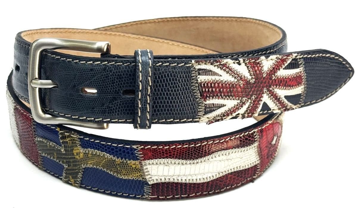 Cintura uomo in vera pelle BASILEA, colore BLU con bandiere nazioni cucite a mano in pelle di vero varano, con applicazioni in pelle, SANTINI, Made in Italy.