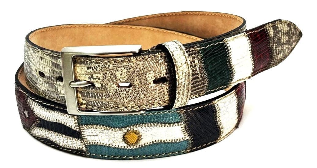 Cintura uomo in vera pelle BASILEA, colore GRIGIO con bandiere nazioni cucite a mano in pelle di vero varano, con applicazioni in pelle, SANTINI, Made in Italy