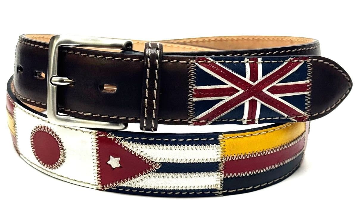 Cintura vintage, uomo in vera pelle BASILEA colore TESTA MORO, con bandiere nazioni cucite a mano in pelle, con applicazioni in pelle, SANTINI, Made in Italy