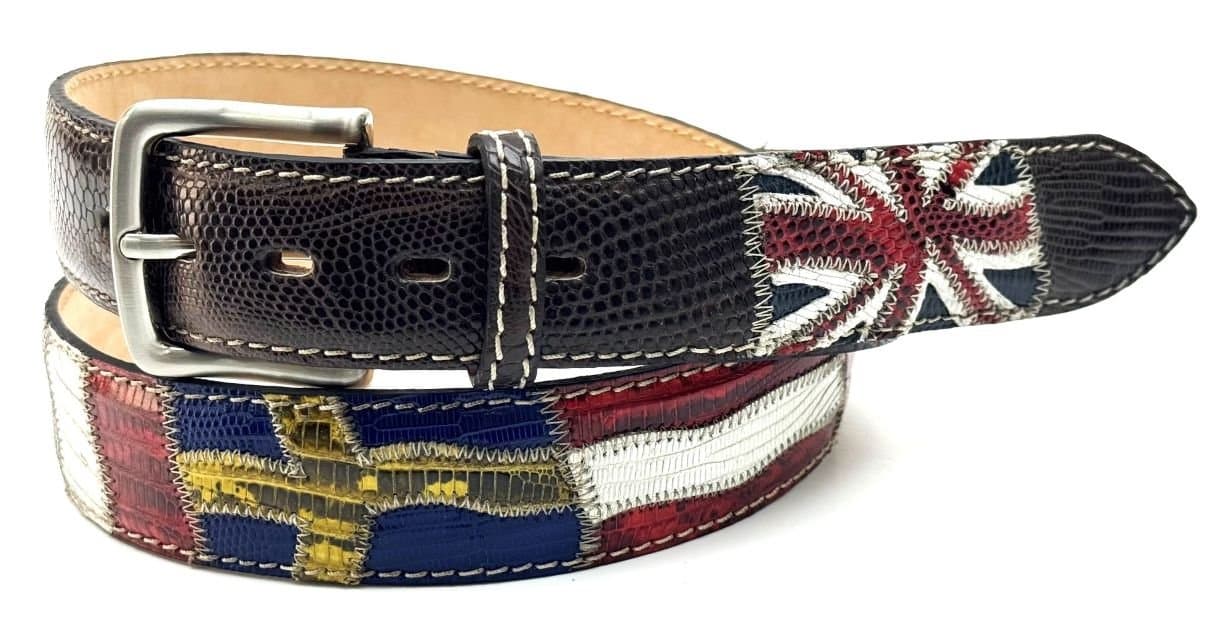 Cintura uomo in vera pelle BASILEA, colore TESTA DI MORO con bandiere nazioni cucite a mano in pelle di vero varano, con applicazioni in pelle, SANTINI, Made in Italy