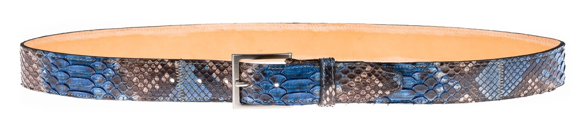 Cintura uomo in vera pelle di pitone CITES, CANCÙN, colore BLU, CHIAROSCURO, Made in Italy