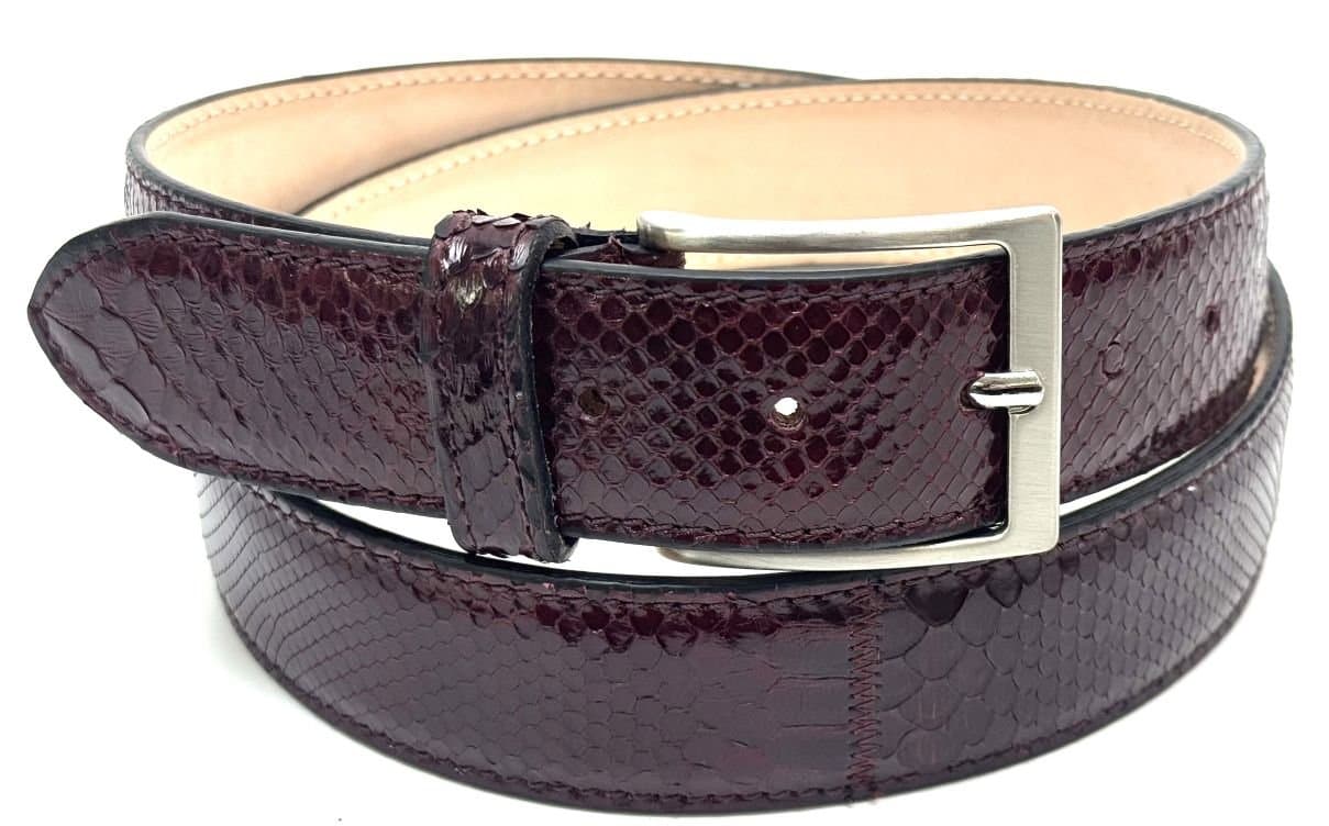 Cintura uomo in vera pelle di pitone CITES, CANCÙN, colore BORDEAUX, CHIAROSCURO, Made in Italy