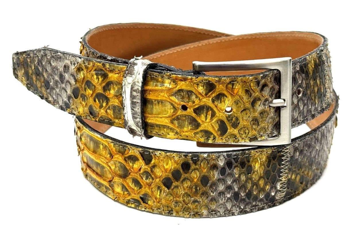 Cintura uomo in vera pelle di pitone CITES, CANCÙN, colore GIALLO/MARRONE, CHIAROSCURO, Made in Italy