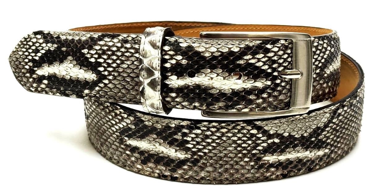 Cintura uomo in vera pelle di pitone GUATEMALA, colore ROCCIA/NERO, CITES,CHIAROSCURO, Made in Italy