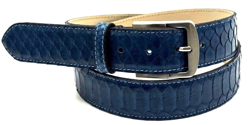 Cintura uomo in vera pelle di pitone CITES GUATEMALA, colore BLU, CHIAROSCURO, Made in Italy.