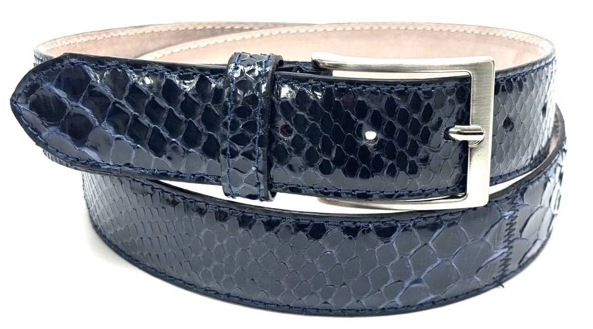 Cintura uomo in vera pelle di pitone CITES GUATEMALA, colore BLU, CHIAROSCURO, Made in Italy.