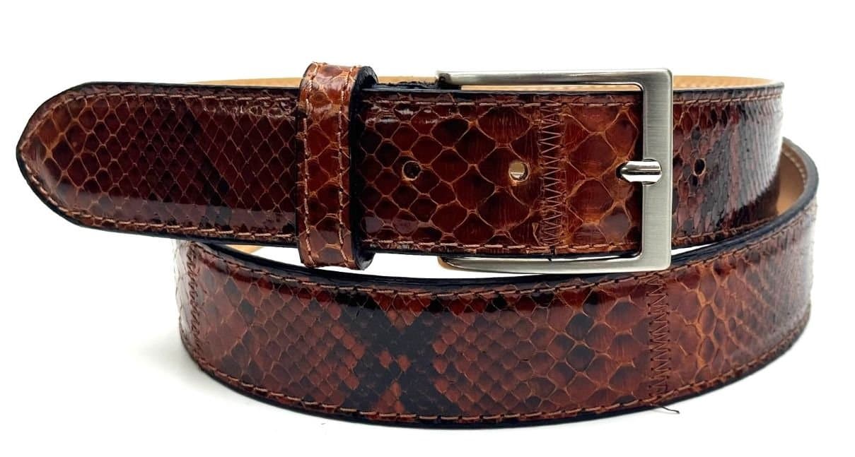 Cintura uomo in vera pelle di pitone CITES GUATEMALA, colore MARRONE, CHIAROSCURO, Made in Italy