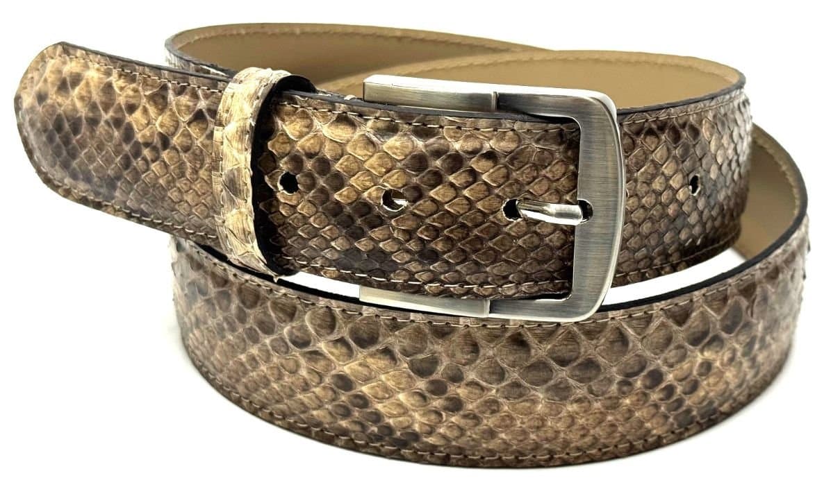 Cintura uomo in vera pelle di pitone CITES GUATEMALA, colore MARRONE , CHIAROSCURO, Made in Italy