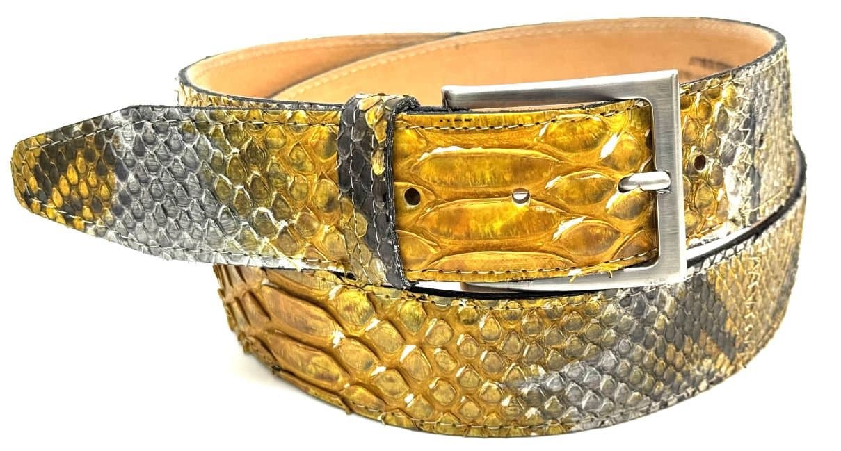 Cintura uomo in vera pelle di pitone CITES GUATEMALA, colore MARRONE , CHIAROSCURO, Made in Italy.