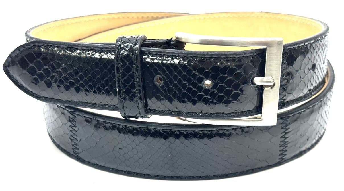 Cintura uomo in vera pelle di pitone CITES GUATEMALA, colore NERO, CHIAROSCURO, Made in Italy.