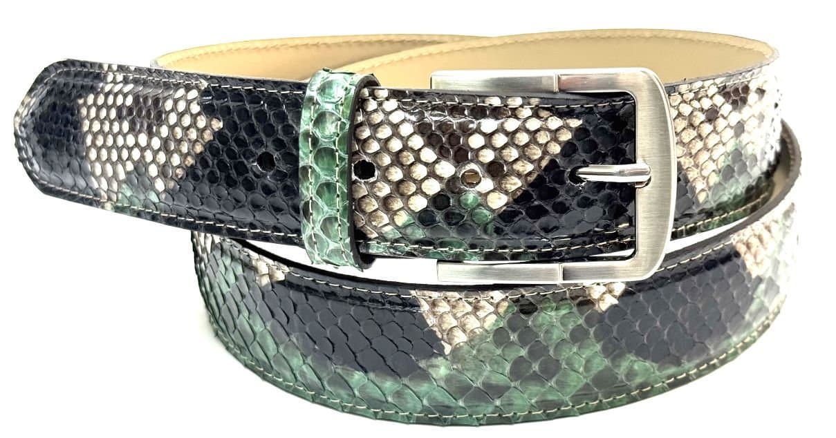 Cintura uomo in vera pelle di pitone CITES GUATEMALA, colore nero verde bianco , CHIAROSCURO, Made in Italy