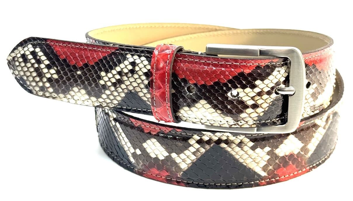 Cintura uomo in vera pelle di pitone CITES GUATEMALA, colore rosso,roccia, nero , marrone, CHIAROSCURO, Made in Italy.