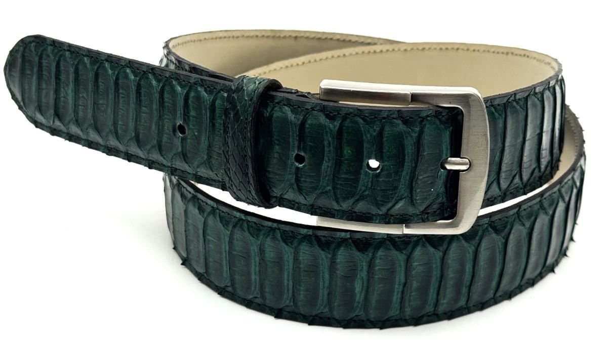 Cintura uomo in vera pelle di pitone CITES GUATEMALA, colore VERDE , CHIAROSCURO, Made in Italy.