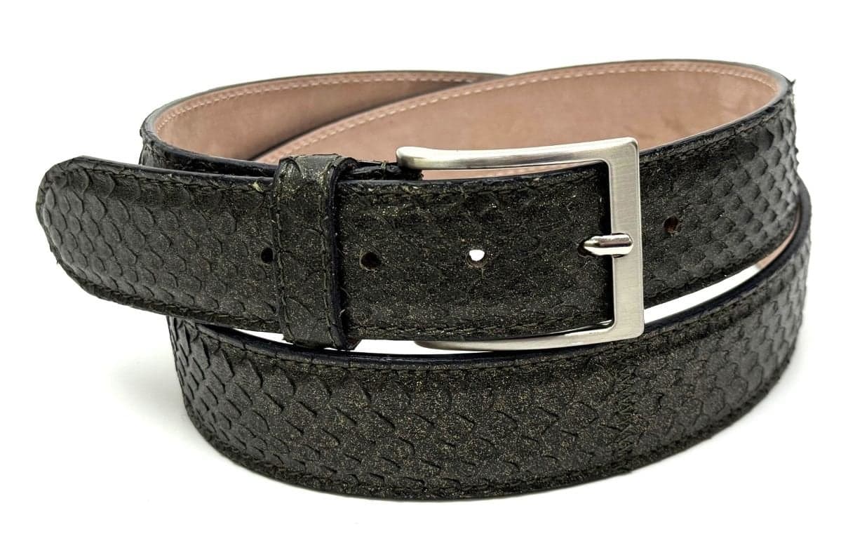 Cintura uomo in vera pelle di pitone CITES GUATEMALA, colore VERDE GLITTER, CHIAROSCURO, Made in Italy